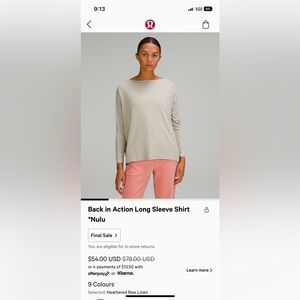 Lululemon Back In Action LS shirt *Nulu